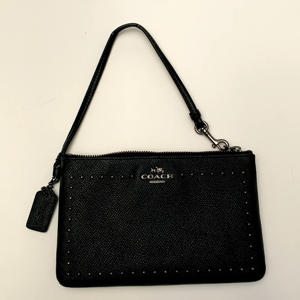 COACH Black Texured Leather Small Wristlet w/ mini Gun Metal studs.
